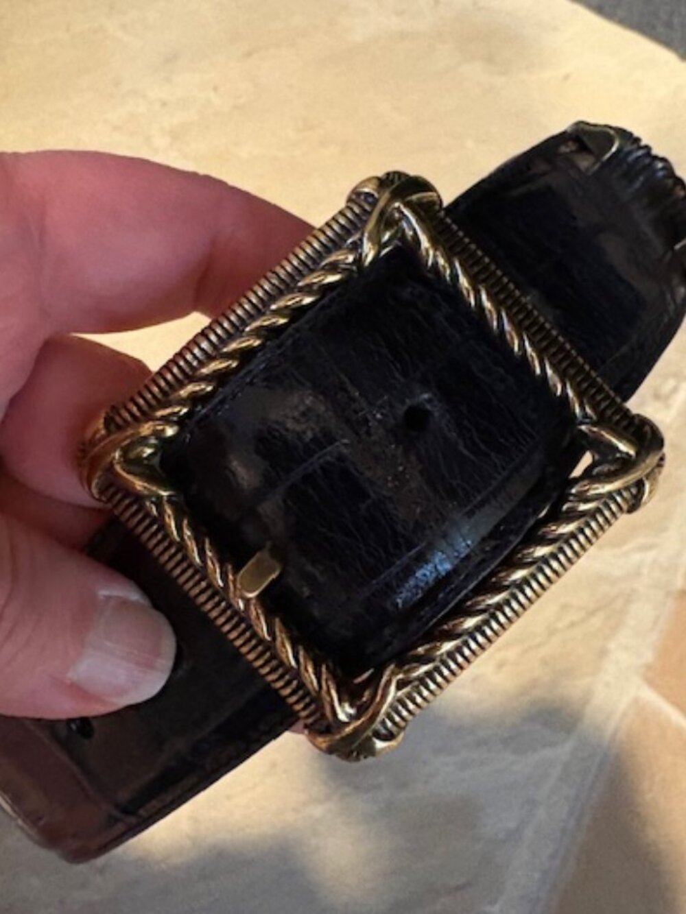 Vintage Brighton Black Embossed Leather Belt with Gold Buckle Made in USA